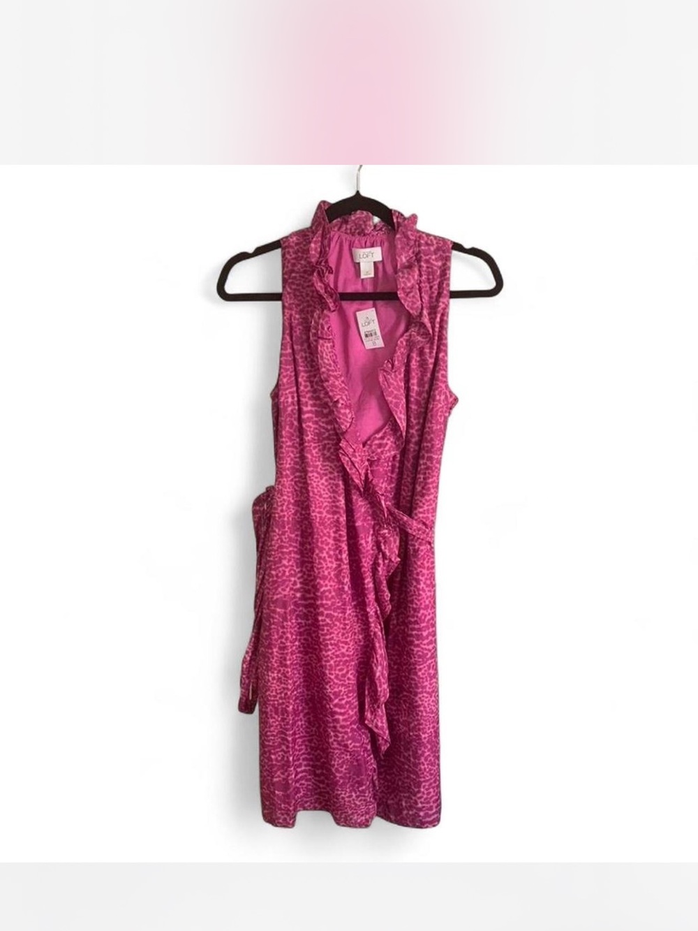 New Leopard Print Coquette LOFT Fuchsia Pink Ruffle Sleeveless Wrap Dress size 8